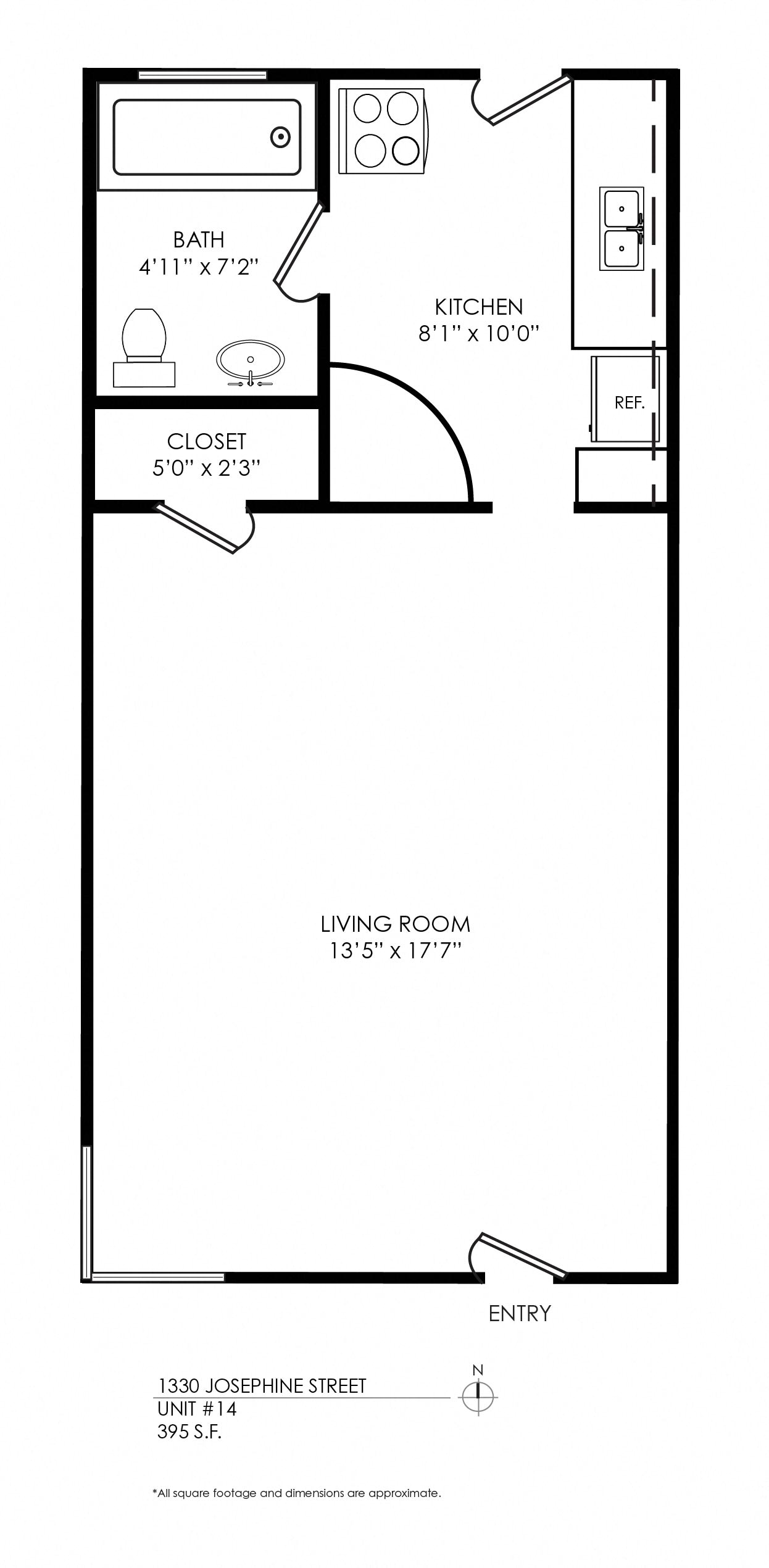 Floor plan for studio, 1 bath, 395 sqft